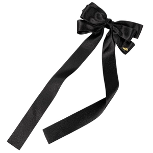 Barrette à grand nœud élégant en satin noir avec rubans et petite plaque dorée ronde