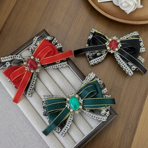 Vintage Lolita Lace Satin Bowknot Hair Clip Retro Alloy Rhinestone Faux Gemstone Duckbill Clip Fashion Hair Accessories For Women