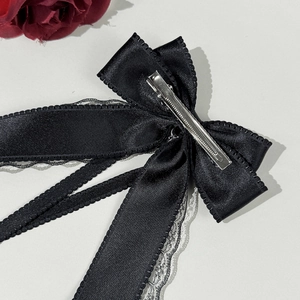 Gothic black lace bow hair clip with silver crocodile clip and silk ribbons for women