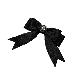 Elegant black satin bow hair clip with a sparkling rhinestone oval crystal centerpiece