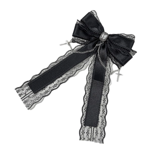 Pince à cheveux nœud en dentelle noire gothique avec chaînes et pendentifs croix