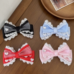 Sweet Lolita Strik Haarspeld Kant Gingham Patroon Hart Kunstparel Decoratie Elegante Alligatorclip Voor Dames Meisjes Haaraccessoires