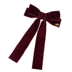 Barrette élégante en velours bordeaux avec rubans longs et une plaque dorée