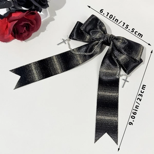 Nœud pour cheveux gothique en satin noir avec paillettes dorées, chaînes et pendentif croix