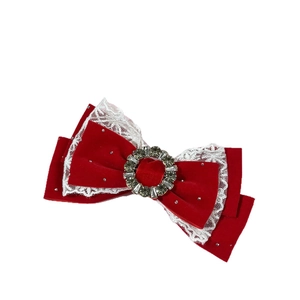 Elegant red velvet bow hair clip with white lace trim and sparkling rhinestone center