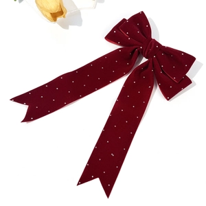Elegant wine red velvet bow hair clip with sparkling rhinestones and long ribbons
