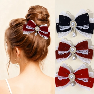 Vintage Velvet Lace Bow Hair Clip With Artificial Pearl Pendant Rhinestone Sweet Elegant French Style Hair Accessory For Women Christmas