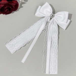 White lace bow hair clip with heart rhinestone and silver cross pendant in Lolita style