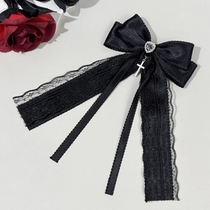 Gothic black lace bow hair clip featuring a heart rhinestone and silver cross pendant
