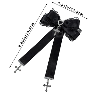Barrette nœud en dentelle noire gothique avec pendentifs croix, taille 24,5x13,5 cm