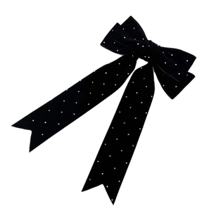 Elegant black velvet bow hair clip with sparkling rhinestones and long swallowtail ribbons