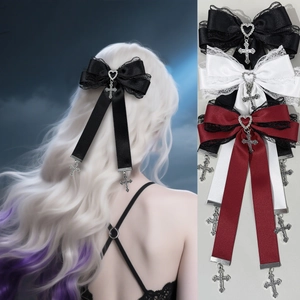 Barrette à nœud en dentelle gothique avec strass en cœur et pendentif croix punk
