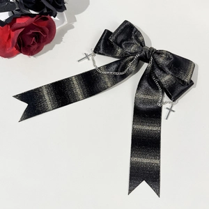 Barrette nœud gothique noir avec chaînes croisées argentées et fils métalliques