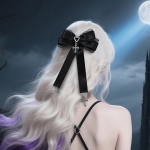 Barrette en dentelle noire gothique avec strass coeur et pendentif croix argent