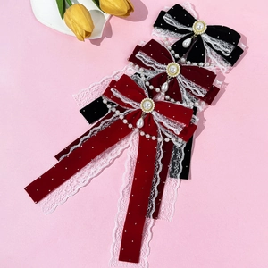 French Vintage Velvet Bow Hair Clip With Lace Edge Artificial Pearl Pendant Rhinestone Elegant Ribbon Hairpin For Women Party Accessory