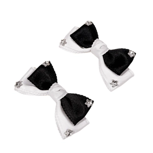 Elegant black and white double-layered satin bow hair clips with crystal stars decoration