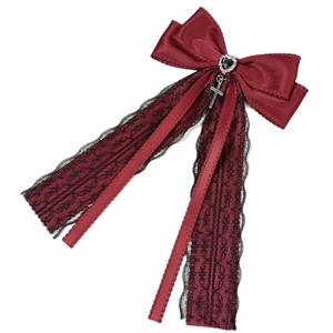 Gothic lace bow hair clip with burgundy satin, heart gem, and silver cross pendant