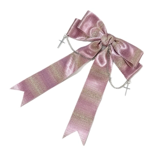 Barrette nœud pailletée rose et or avec pendentifs chaîne croix en argent