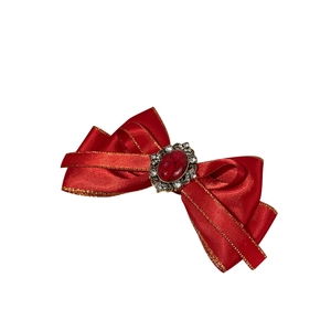 Bohemian style red satin bow hair clip with vintage gemstone and rhinestone center