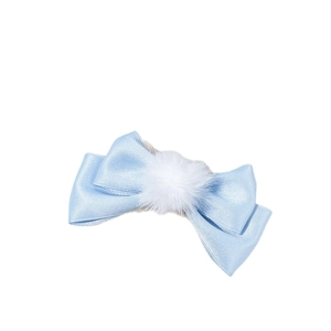 Sweet light blue satin bow hair clip with a white pom-pom for girls' hair styling