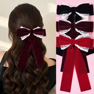 French Vintage Velvet Lace Bow Hair Clip Elegant Long Ribbon Duckbill Clip For Women Daily Party Sweet Hair Accessories