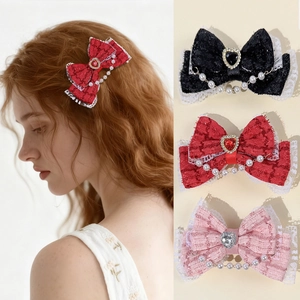 Pince à Cheveux Nœud en Dentelle Lolita Avec Chaîne de Künstliche Perles Cœur en Strass Tweed Accessoire Cheveux Doux Femme