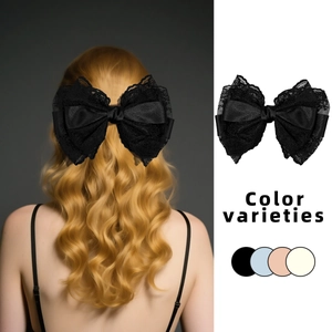 Elegant large lace bow hair clip in black, shown worn and in multiple color options