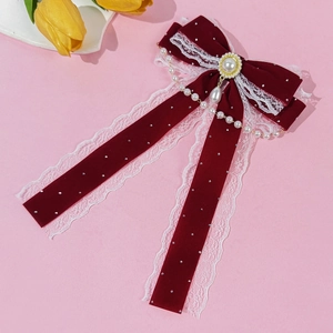 French vintage red velvet bow hair clip with lace trim and elegant pearl pendants