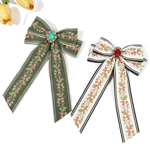 Bohemian Retro Embroidery Bow Hair Clip With Rhinestone Large Fabric Ethnic Style Duckbill Clip Jewelry Accessories For Women