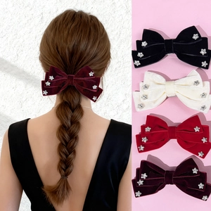 Korean Style Velvet Bow Hair Clip For Women Sweet Star Rhinestone Elegant Retro Back Of Head Top Clip Hair Accessory