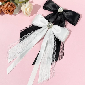 Sweet Cool Lace Rhinestone Bow Hair Clip For Women Vintage Elegant Satin Ribbon Long Tassel Alligator Clip Hair Accessories