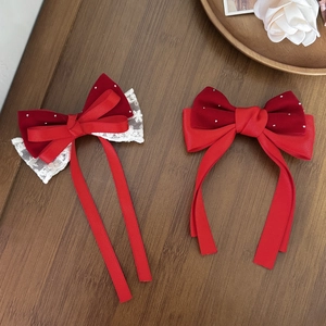 Fermaglio per Capelli con Fiocco in Velluto Rosso e Raso Con Nastro Lungo Pizzo Strass Perla Artificial Retro Elegante Dolce Accessorio per Capelli Donna Ragazze