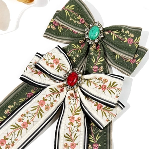 Vintage Bohemian bow hair clips with embroidered ribbon and textured gemstone accents