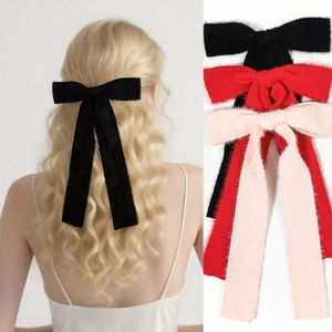 Women Winter Woolen Texture Ribbon Bow Hair Clip With Long Streamers Handmade Bowknot Duckbill Clip Sweet Hair Accessories