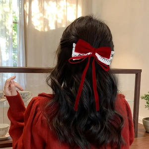 Red Festive Christmas Velvet Bowknot Hair Clip With Long Lace Streamer Elegant New Year Sweet Duckbill Clip Hair Accessories