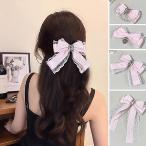 Barrettes à cheveux Lolita roses en dentelle avec strass et perles, style doux et chic