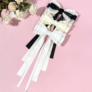 Barrettes à nœud en dentelle élégantes avec longs rubans noir beige et blanc