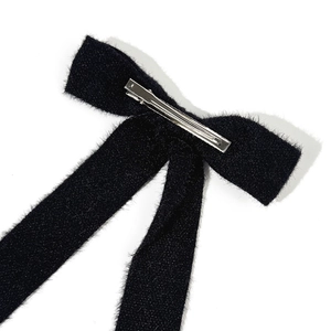 Elegant black wool bow hair clip with long ribbons and metal alligator clip