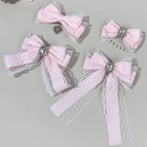 Barrettes Cheveux Nœud en Dentelle Rose Sweet Coquette Lolita Ruban Strass Cœur Künstliche Perle Pendentif Pinces à Bec Accessoires Cheveux