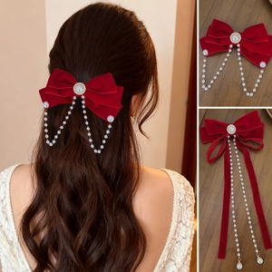 Vintage Red Velvet Bow Hair Clip With Faux Artificial Pearl Tassel Chain Elegant Hepburn Style Wedding Party Accessory For Women