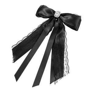 Elegant black lace and satin bow hair clip with a central rhinestone crystal detail