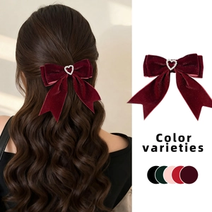 Velvet bow hair clip with heart rhinestone and long ribbons in five various colors
