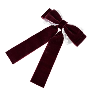 Elegant burgundy velvet hair bow clip with white lace trim and long ribbons for women