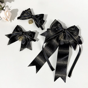 Gothic Black Satin Bow Hair Clip With Gold Glitter Heart Cross Pendant Lolita Sweet Cool Style Duckbill Clip For Women