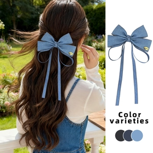 Korean Fashion Denim Bowknot Hair Clip With Long Ribbons Handmade Cloth Duckbill Clip For Women Daily Styling Accessories