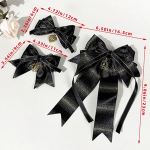 Gothic black glitter bow hair clips set with gold heart charms in three sizes