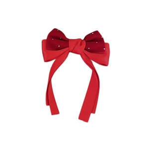Elegante fermaglio per capelli in velluto rosso e raso con strass e nastri lunghi