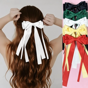 Large Satin Bow Hair Clip With Long Ribbon Streamers Elegant Solid Color Duckbill Clip Fashion Hair Accessory For Women Girls