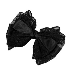 Elegant large black lace and satin bow hair clip with a classic Korean style design