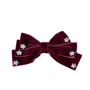 Deep red velvet triple-layered bow hair clip with sparkling silver star rhinestones
